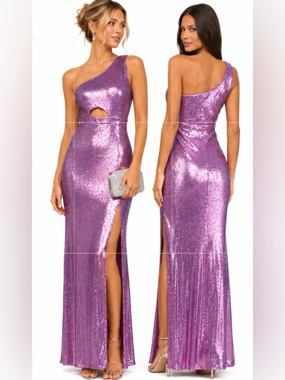 Lulu’s Prom Perfect Pink Purple Sequin One-Shoulder Cutout Mermaid Maxi Dress